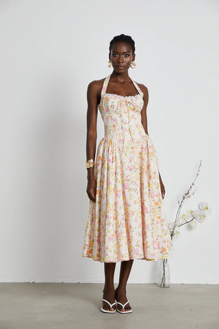 Adabella Pink Meadow Print Cotton Halter Midi Sundress Dupe Floral Midi Dress Vintage Floral Summer - Cielie Vienna