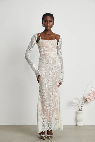 Lace Maxi Dress White with Sleeves Elegant Bridal Boheme Style, Kleid Spitze Langarm Maxi Elegant Hochzeit - Cielie Vienna
