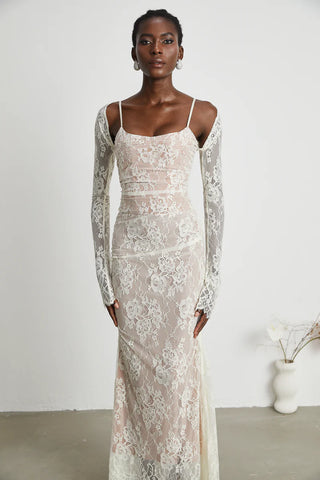 Lace Maxi Dress White with Sleeves Elegant Bridal Boheme Style, Kleid Spitze Langarm Maxi Elegant Hochzeit - Cielie Vienna