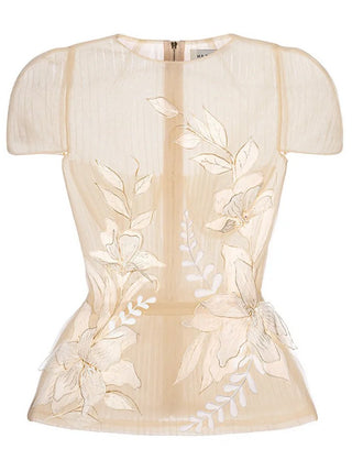 Detailed view of ivory floral embroidery on sheer mesh top, part of modest beige two-piece skirt and blouse set. Blouse Tulle beige