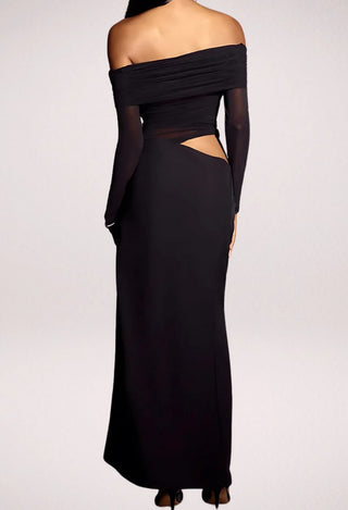 Black off-shoulder evening gown with cut-out design on a white background