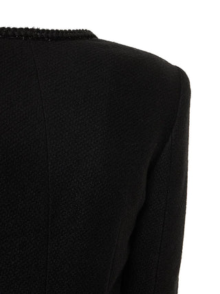 Black tweed tailored jacket with belt and crystal buttons – elegant formalwear