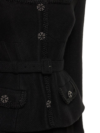 Black tweed tailored jacket with belt and crystal buttons – elegant formalwear