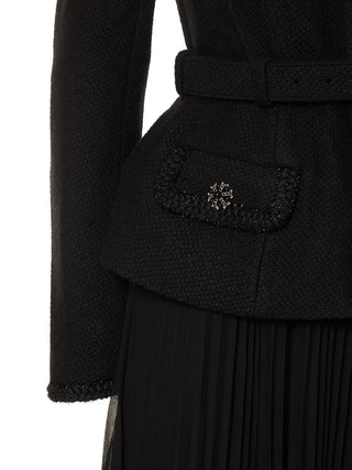 Black tweed tailored jacket with belt and crystal buttons – elegant formalwear