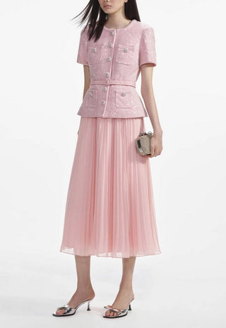 Light Pink Elegant matching two piece set - Tweed Jacket Midi Skirt Plissee