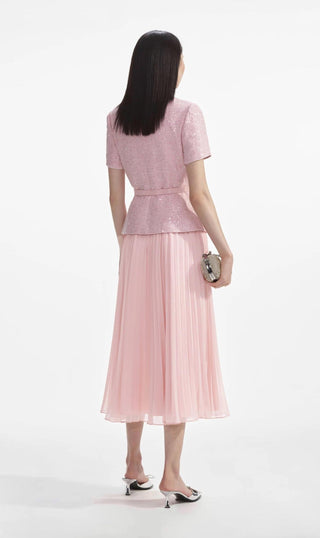 Light Pink Elegant matching two piece set - Tweed Jacket Midi Skirt Plissee
