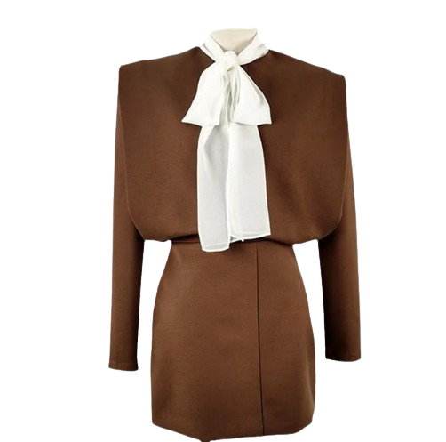 Long Sleeve Mini Dress Business brown bow - Cielie