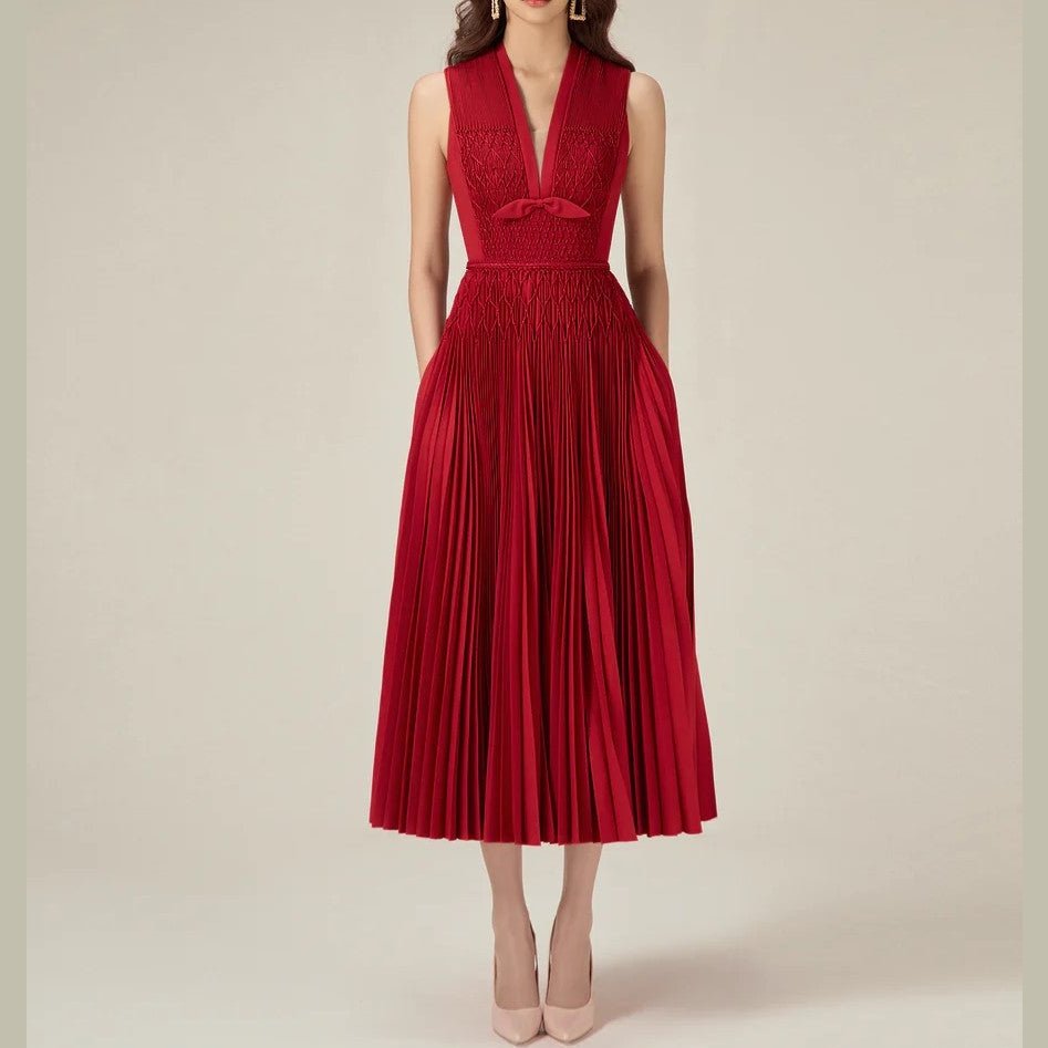 CHERIE | Red Midi Pleated Dress Business - Cielie