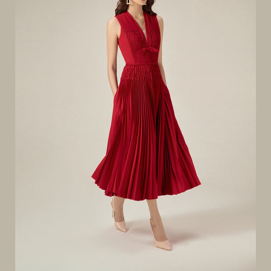 CHERIE | Red Midi Pleated Dress - Cielie    Bridesmaids Dress, Red dress, Red Midi dress