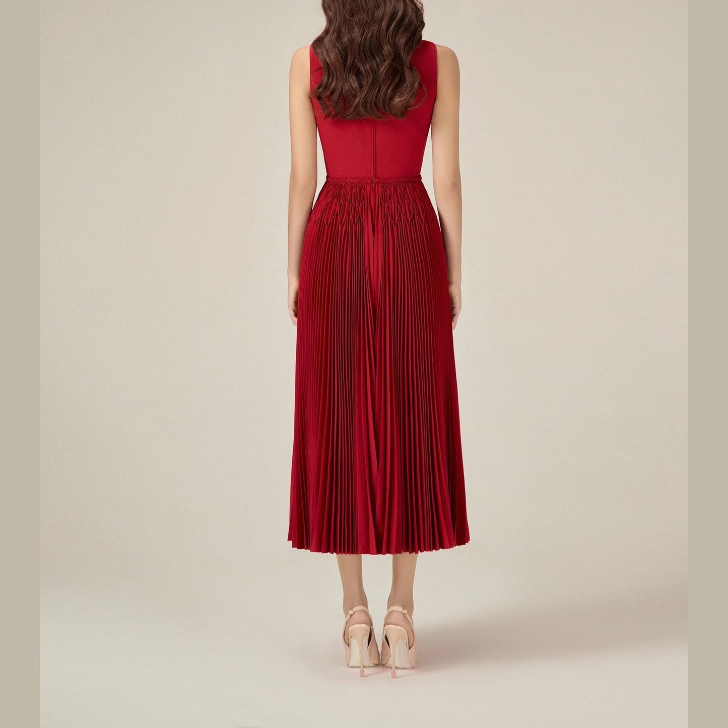 CHERIE | Red Midi Pleated Dress - Cielie