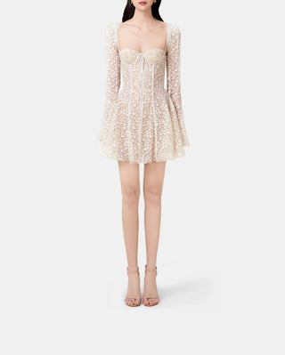 Model wearing the 'Romance' Lace Dress in beige, featuring long sleeves, an A-line silhouette, a bustier top, and intricate lace detailing, perfect for weddings and special occasions. Mini Elegant Designer - Cielie