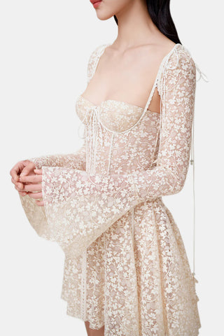 Model wearing the 'Romance' Lace Dress in beige, featuring long sleeves, an A-line silhouette, a bustier top, and intricate lace detailing, perfect for weddings and special occasions. Mini Elegant Designer - Cielie
