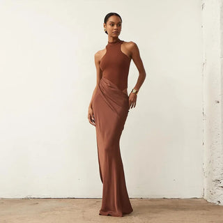 Full-length brown maxi dress for summer in Europe, with high neck and soft draping skirt