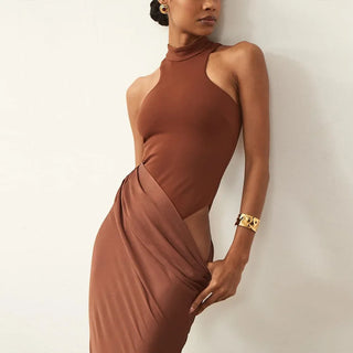 Full-length brown maxi dress for summer in Europe, with high neck and soft draping skirt