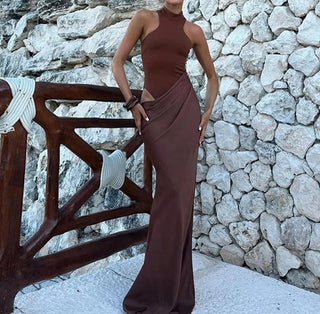 Full-length brown maxi dress for summer in Europe, with high neck and soft draping skirt