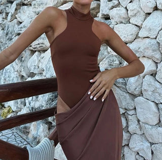 Full-length brown maxi dress for summer in Europe, with high neck and soft draping skirt