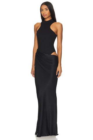 Esila | Blach Maxi Dress with Draped Detail & High Neck