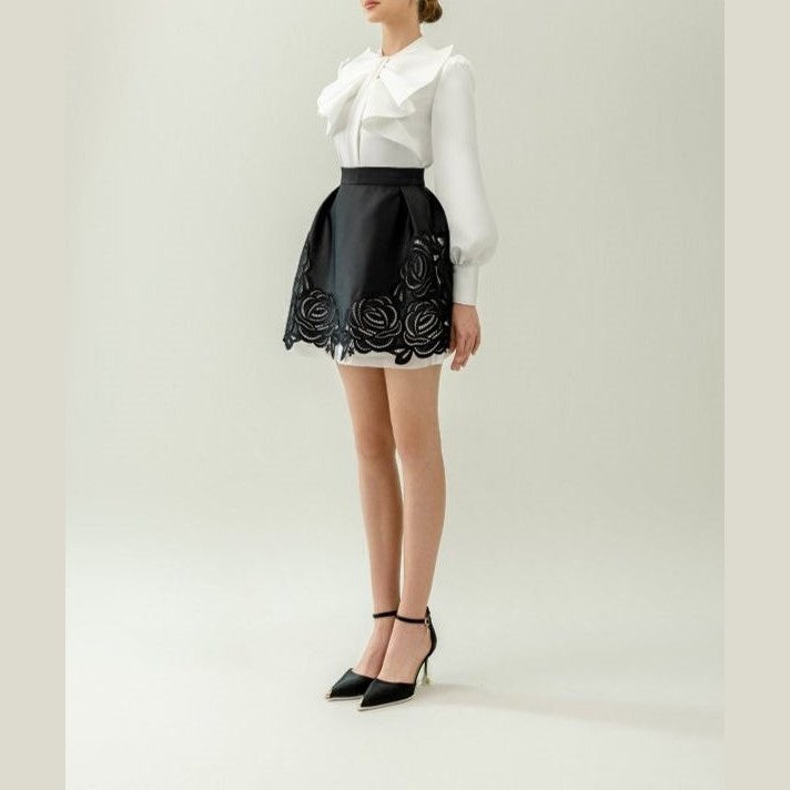 FIONA |  Two Piece Set  organza silk bow blouse - black lace skirt - Cielie