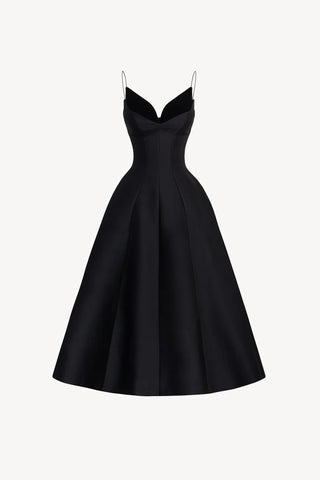 Elegant black cocktail dress with velvet choker and flare midi skirt, also available in wine red. Perfect for formal events, parties, and ball gown rental in Vienna.