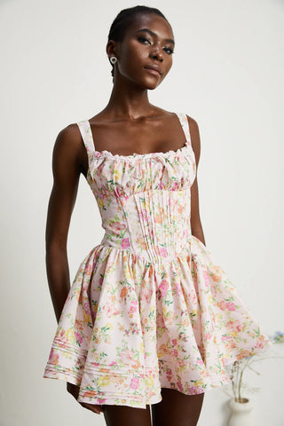 Pink Meadow Print Cotton Mini Dress Vintage Dress Floral Summer Picnic Bridgeton Style - Cielie Vienna