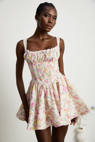 Pink Meadow Print Cotton Mini Dress Vintage Dress Floral Summer Picnic Bridgeton Style - Cielie Vienna