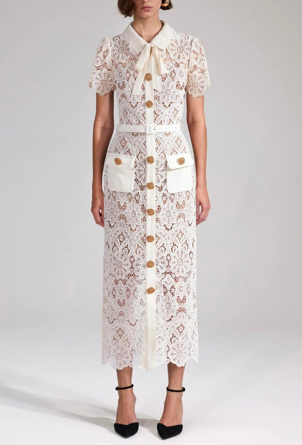 guipure midi dress lace white with gold button - self portrait dress dupe fake - Cielie 