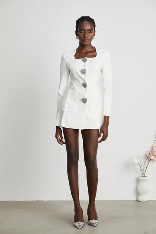 White Elegant Bridal Moden Dress Longsleeve Clean Blazer Style, Weißes Elegantes Business Chich Kleid - Cielie Vienna