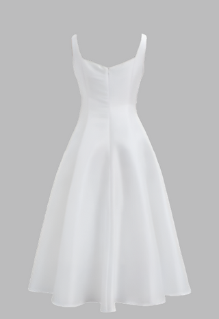 Minimalistic flared white midi A line Flared dress with square neckline available in various colors, perfect for elegant events or cocktail dress rental in Vienna. Bridal dress elegant minimal
