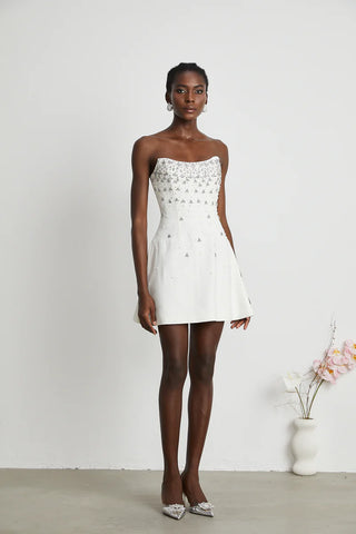 Mini White Strapless Dress Crystal Stones Bridal Shower Rehearseal Kleid Modern Mini Weiß Trägerlos Cocktail White Party - Cielie Vienna