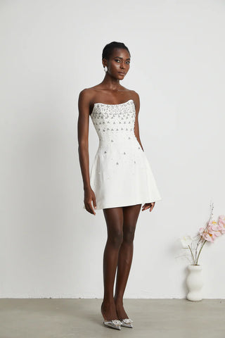 Mini White Strapless Dress Crystal Stones Bridal Shower Rehearseal Kleid Modern Mini Weiß Trägerlos Cocktail White Party - Cielie Vienna