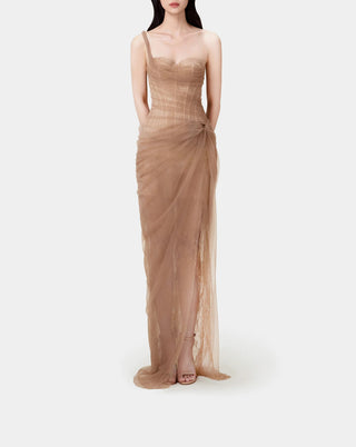 Model wearing a brown coffee  tulle lace dress with asymmetrical one-shoulder strap, fitted bodice, and draped skirt, perfect for summer weddings and special occasions. Lace Mesh Tulle Dress Bridesmaids brown coffee  - Cielie Vienna