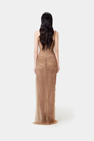 Model wearing a brown coffee  tulle lace dress with asymmetrical one-shoulder strap, fitted bodice, and draped skirt, perfect for summer weddings and special occasions. Lace Mesh Tulle Dress Bridesmaids brown coffee  - Cielie Vienna