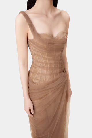 Model wearing a brown coffee  tulle lace dress with asymmetrical one-shoulder strap, fitted bodice, and draped skirt, perfect for summer weddings and special occasions. Lace Mesh Tulle Dress Bridesmaids brown coffee  - Cielie Vienna