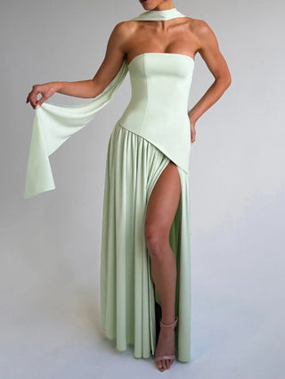 Mint green wedding guest dress strapless scarf Maxi high slit