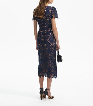 Self-Portrait Blue Navy Lace Open Neck Midi Dress for Women Sale, Old money Style Elegant Dress DARKBLUE  NAVY Dress Midi Vintage - Cielie