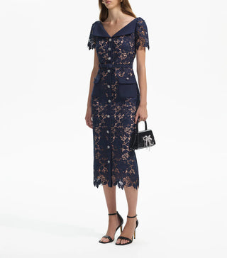 Self-Portrait Blue Navy Lace Open Neck Midi Dress for Women Sale, Old money Style Elegant Dress DARKBLUE  NAVY Dress Midi Vintage - Cielie