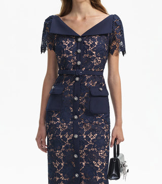 Self-Portrait Blue Navy Lace Open Neck Midi Dress for Women Sale, Old money Style Elegant Dress DARKBLUE  NAVY Dress Midi Vintage - Cielie