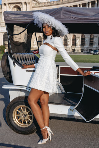 Mini Wedding Dress Second Afterparty Bridal Shower White Longsleeve Strapless Cape Designer Customized Made to order - feather hat -  Cielie Vienna