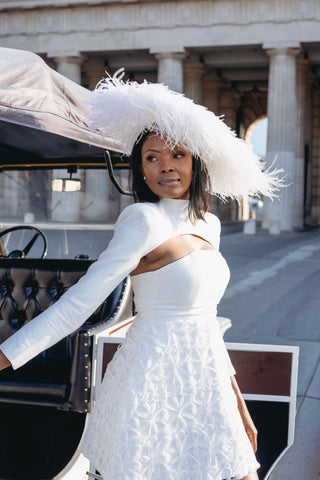 Mini Wedding Dress Second Afterparty Bridal Shower White Longsleeve Strapless Cape Designer Customized Made to order - feather hat -  Cielie Vienna