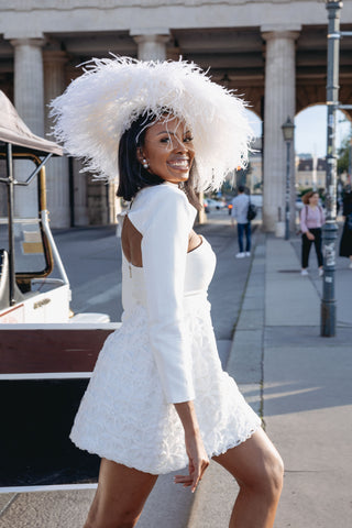 Mini Wedding Dress Second Afterparty Bridal Shower White Longsleeve Strapless Cape Designer Customized Made to order - feather hat -  Cielie Vienna