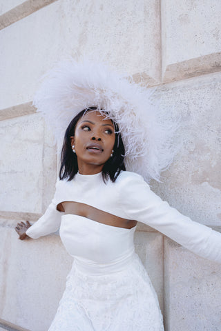 Mini Wedding Dress Second Afterparty Bridal Shower White Longsleeve Strapless Cape Designer Customized Made to order - feather hat -  Cielie Vienna