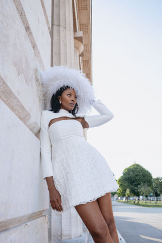 Mini Wedding Dress Second Afterparty Bridal Shower White Longsleeve Strapless Cape Designer Customized Made to order - feather hat -  Cielie Vienna