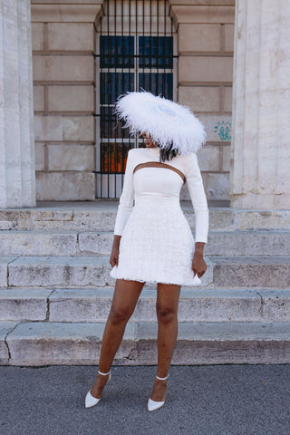 Mini Wedding Dress Second Afterparty Bridal Shower White Longsleeve Strapless Cape Designer Customized Made to order - feather hat -  Cielie Vienna