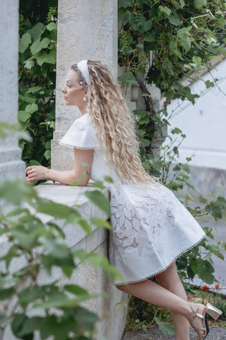 Elegant Luna Bridal Dress Mini - Two-Piece White Wedding Dress with Intricate Floral Lace and Detachable Cape for a Vintage Chic and Modern Sophisticated Bridal Look - Lace Mini Bridal Shower Dress Custom Design - Cielie Vienna Dalmaluna Kitti Influencer