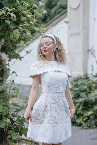 Elegant Luna Bridal Dress Mini - Two-Piece White Wedding Dress with Intricate Floral Lace and Detachable Cape for a Vintage Chic and Modern Sophisticated Bridal Look - Lace Mini Bridal Shower Dress Custom Design - Cielie Vienna Dalmaluna Kitti Influencer