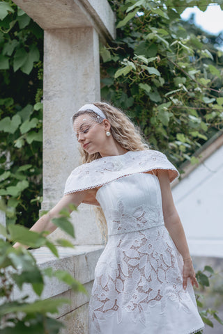 Elegant Luna Bridal Dress Mini - Two-Piece White Wedding Dress with Intricate Floral Lace and Detachable Cape for a Vintage Chic and Modern Sophisticated Bridal Look - Lace Mini Bridal Shower Dress Custom Design - Cielie Vienna Dalmaluna Kitti Influencer