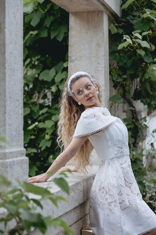 Elegant Luna Bridal Dress Mini - Two-Piece White Wedding Dress with Intricate Floral Lace and Detachable Cape for a Vintage Chic and Modern Sophisticated Bridal Look - Lace Mini Bridal Shower Dress Custom Design - Cielie Vienna Dalmaluna Kitti Influencer
