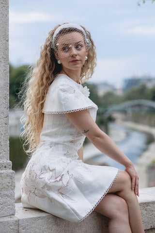 Elegant Luna Bridal Dress Mini - Two-Piece White Wedding Dress with Intricate Floral Lace and Detachable Cape for a Vintage Chic and Modern Sophisticated Bridal Look - Lace Mini Bridal Shower Dress Custom Design - Cielie Vienna Dalmaluna Kitti Influencer