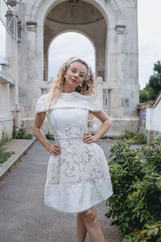 Elegant Luna Bridal Dress Mini - Two-Piece White Wedding Dress with Intricate Floral Lace and Detachable Cape for a Vintage Chic and Modern Sophisticated Bridal Look - Lace Mini Bridal Shower Dress Custom Design - Cielie Vienna