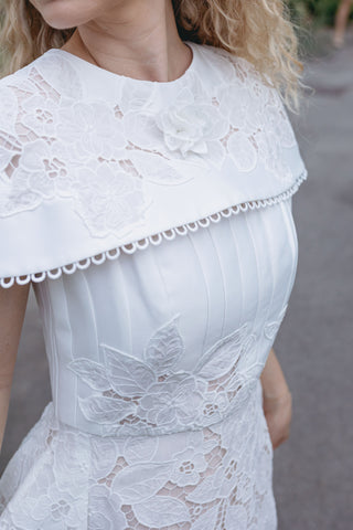 Elegant Luna Bridal Dress Mini - Two-Piece White Wedding Dress with Intricate Floral Lace and Detachable Cape for a Vintage Chic and Modern Sophisticated Bridal Look - Lace Mini Bridal Shower Dress Custom Design - Cielie Vienna Dalmaluna Kitti Influencer